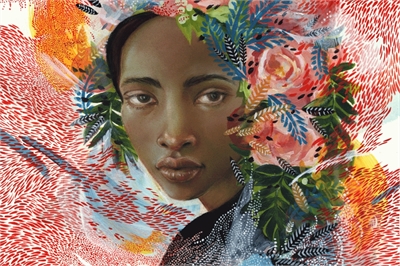[ai] A close-up portrait of a woman with a serene expression, surrounded by vibrant floral patterns and abstract elements in shades of red, green, and blue, blending with her features.